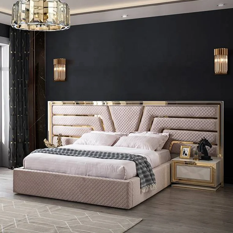 Luxury Bedroom Set Cream / Gold - 1 Double Bed With Headboard & 2 Bedside Tables - Modern ...