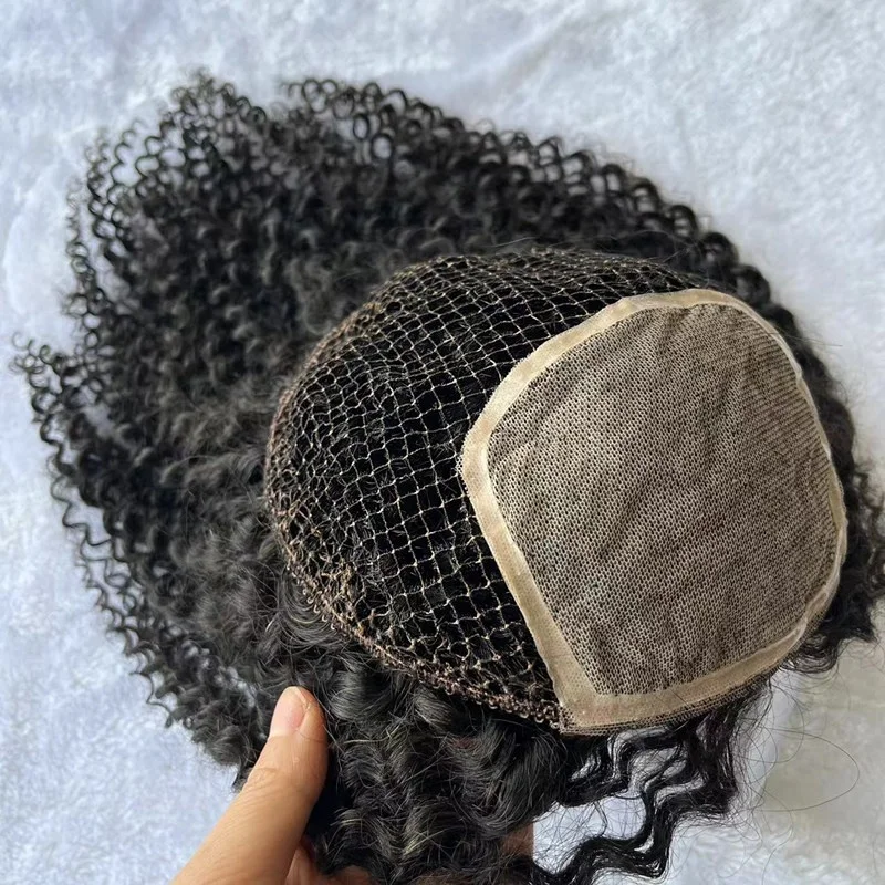 Afro Kinky Curl Fishnet Silk Microline Toupee 100% Remy Hair European Fine Curly Women's Hair Topper Natural Black