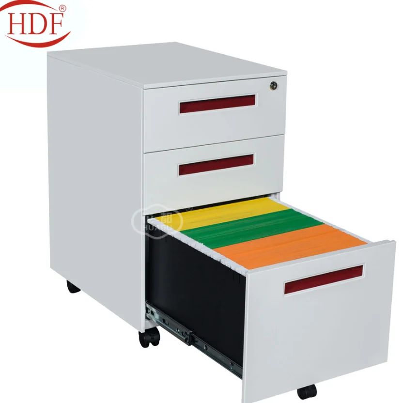 White Color File Cabinet Side Open 3 Drawers Metal Mobile Pedestal