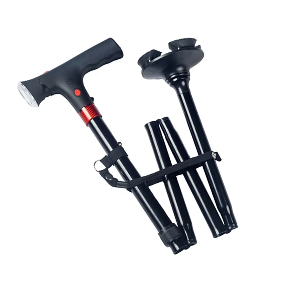 Fashionable T-handle Portable Folding Guide Adult Lady Man Adjustable Aluminum Walking Cane with Light