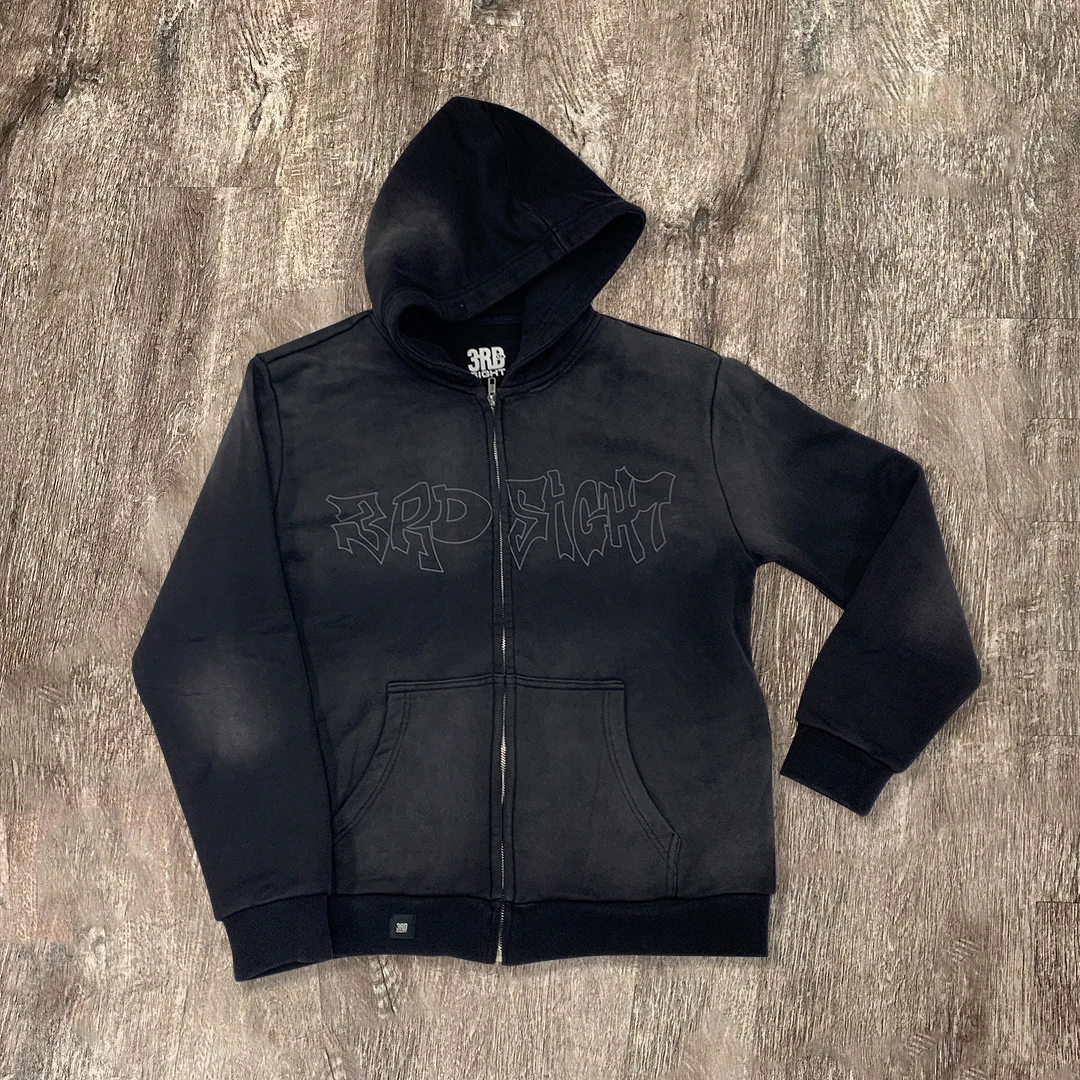 In Stock Black Hoodies Suppliers Cotton Hodiee Sun Faded Screen Printed Zip up Distressed Stone Acid Wash Jacket Hoodies for Men