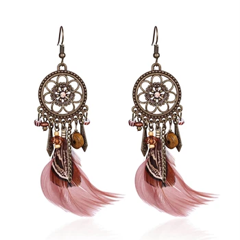 Boho Stylish Girl Statement Pink Chain Tassel Wood Beads Drop Dream Catcher Women Feather Earrings