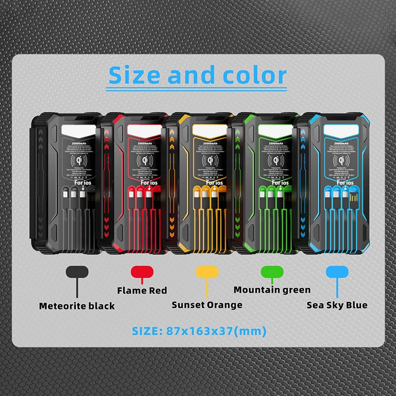 Wireless Solar Powerbank Built in 4 Fast Output Data Cable Power Banks & Powerstation Foldable Solar Panels Power Bank 20000mah