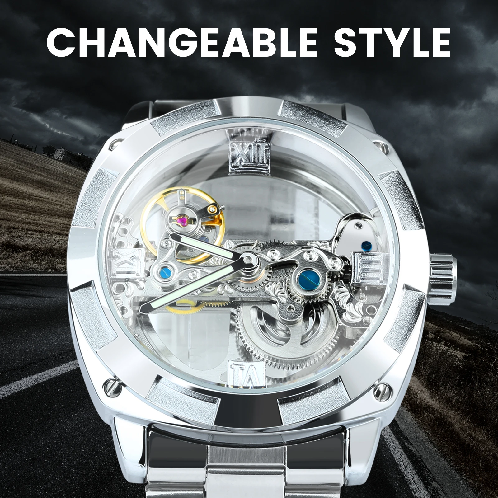 Forsining Watch GMT1165 Men Transparent Design Mechanical Silver Gear Skeleton Stainless Steel Automatic Watches Men