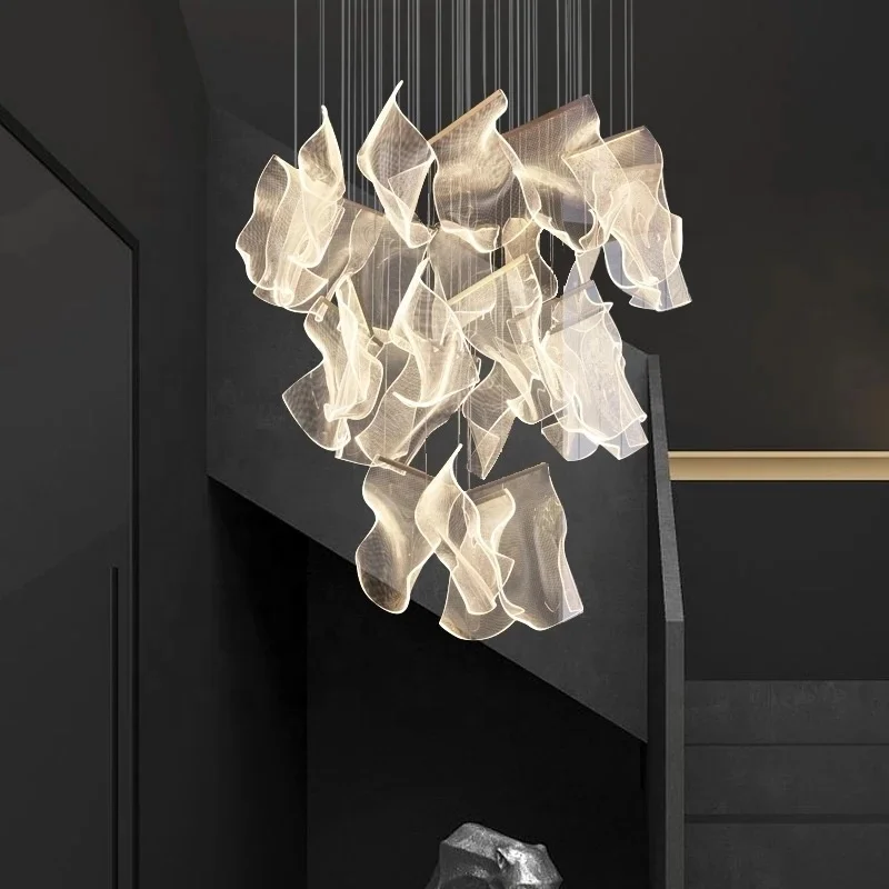 Modern Style Hotel Villa Stairs Bronze Iron Ceiling Light Nakasabit na Acrylic LED Pendant Light