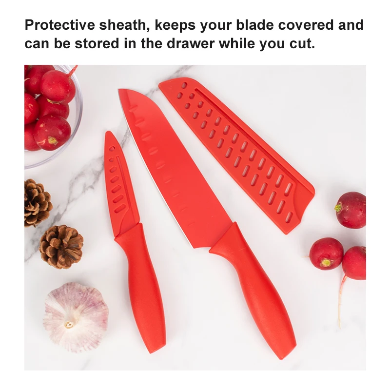 High Quality Cooking Knife Stainless Steel 10 PCS Non-stick Coated Kitchen Knife Set with Plastic Sheath