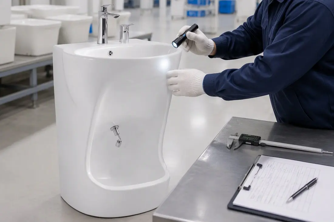 Inspecting sample ceramic wudu basins against the approved sample