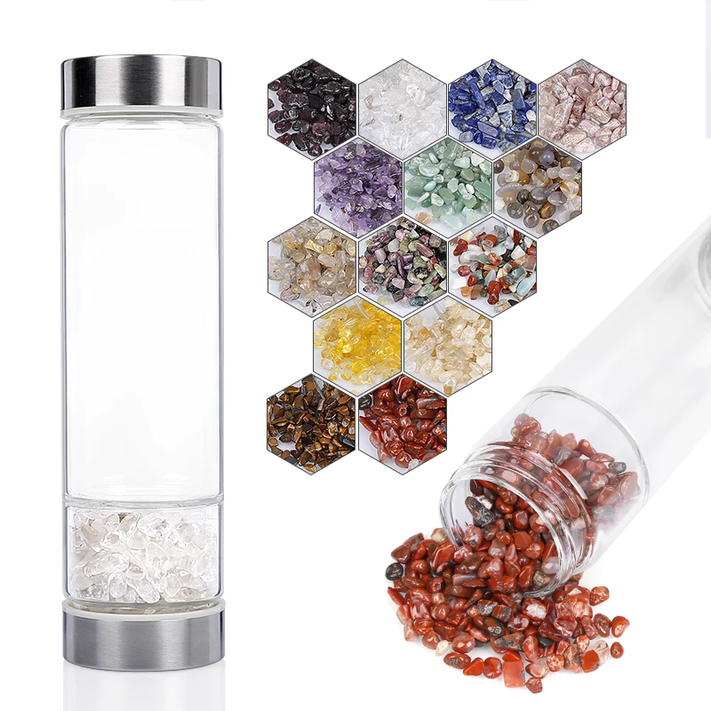 Custom Logo Elixir Filter Screen Stainless Steel Natural Rose Quartz Stone Healing Crystal Infused Glass Water Bottle