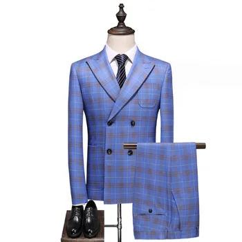High Quality Slim Fit Plaid Fabric Suit Wedding Suit Business Wedding Man Suit Pants Vest 3 Piece For Men