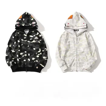 New trendy BAP E glow-in-the-dark camouflage Spotted Shark double hooded zipper hoodie jacket for men and women