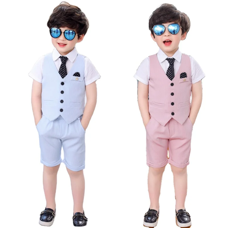 Костюм-рубашка с коротким рукавом для Выпускной студенческой фотографии костюм мальчиков Летний стиль Джентльменский жилет