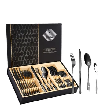 Stainless Steel  cutleri 304 black 24 piece Luxury Flatware Golden reusable Utensils spoon and fork 24Pcs gift box Cutlery