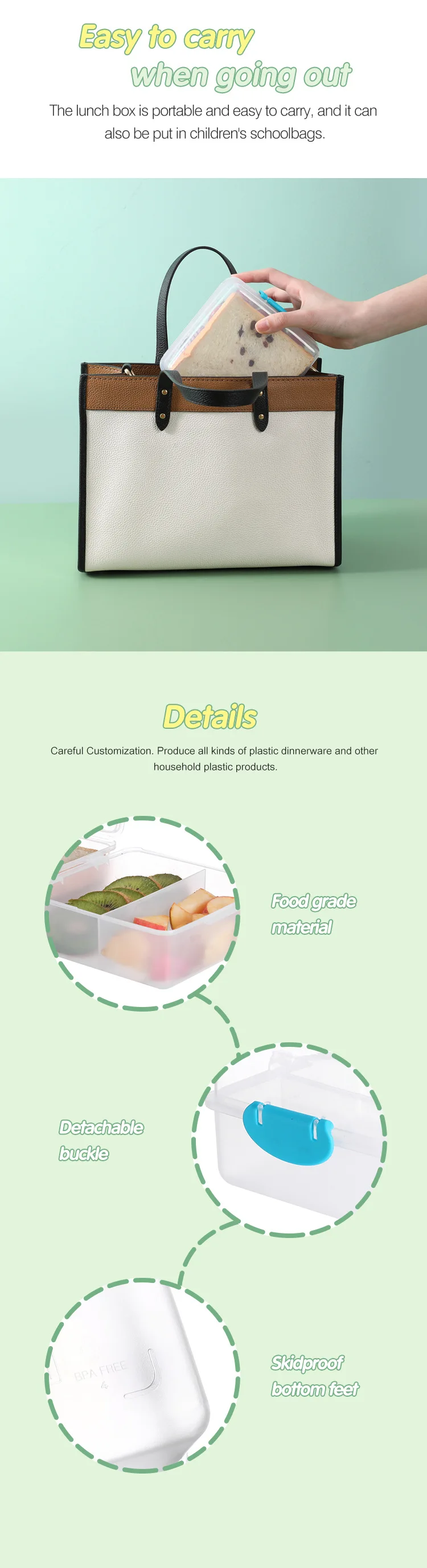 Outdoor square bento box Transparent sorting food box Toast student office lunch Snack box supplier