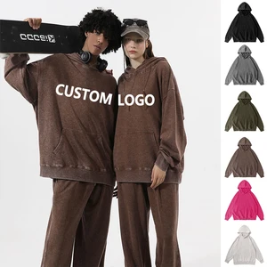 OEM Designer Style Streetwear Vintage Washed Hoodie Heavyweight Custom Knitted 3D Embroidery Print Mens Hooied Distressed Hoodie