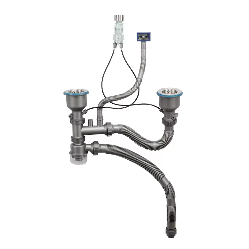 product custom stainless steel table control kitchen two bowls sink strainer drain basin waste trap flexible sewer pipe drainer hose-0