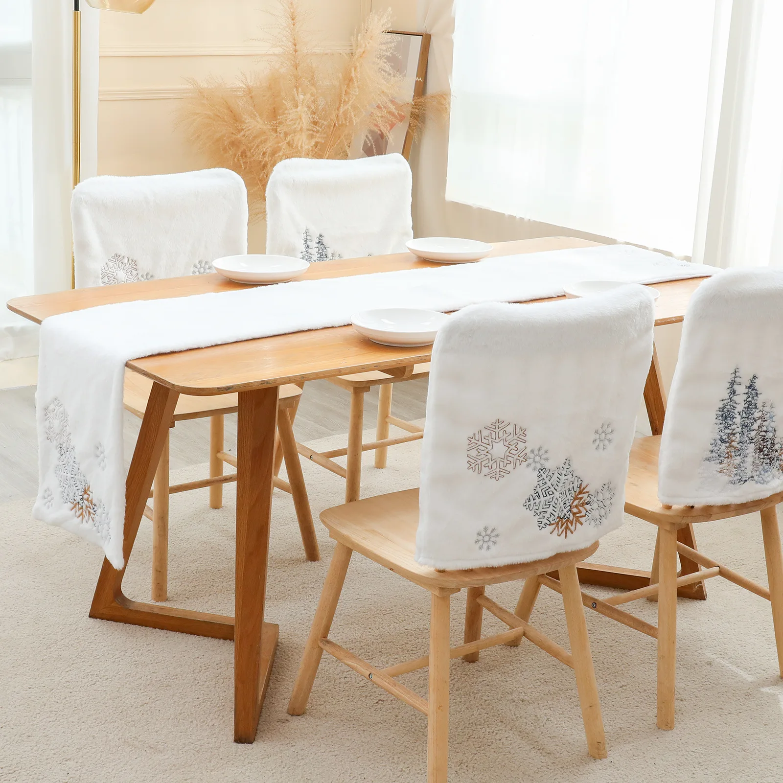 New Nordic Style Embroidery Snowflake Pine Tree Printed Christmas Chair Back Covers for Dining Room Plush Chair Seat Cover