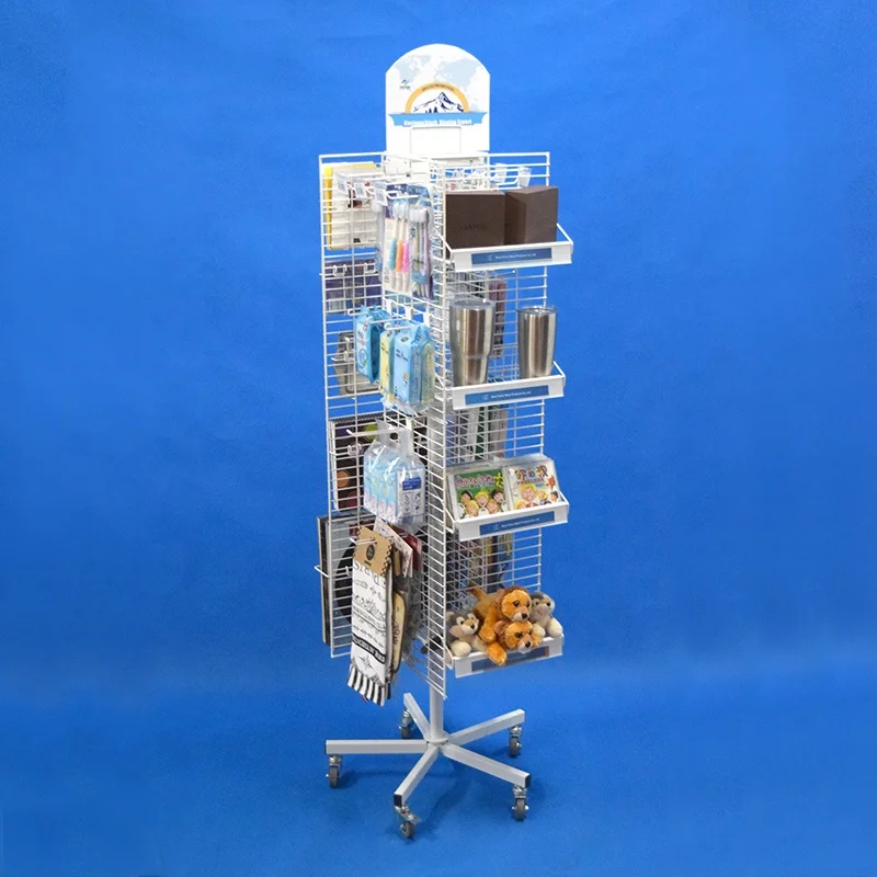 Retail Store Pop Steel Wire Frame Holder Pocket Fixture Supermarket Floor Standing Metal Spinner Rack Display for Napkins