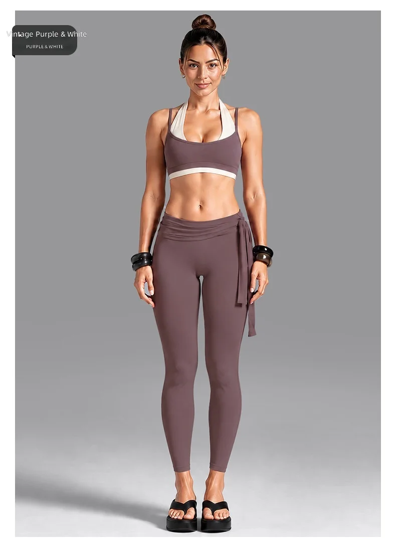 Quick Dry Yoga Set Color Block Halter Double Layer Sports Bra Self Tie Waist Flare Pants 2 Piece Fitness Outfit — detail