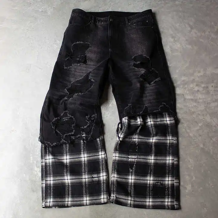 Salati Manufacturer Splicing Plaid Stone Wash Ripped Straight Distressed Bootcut Streetwear Baggy Flared Jeans Denim Pant Men gallery 8