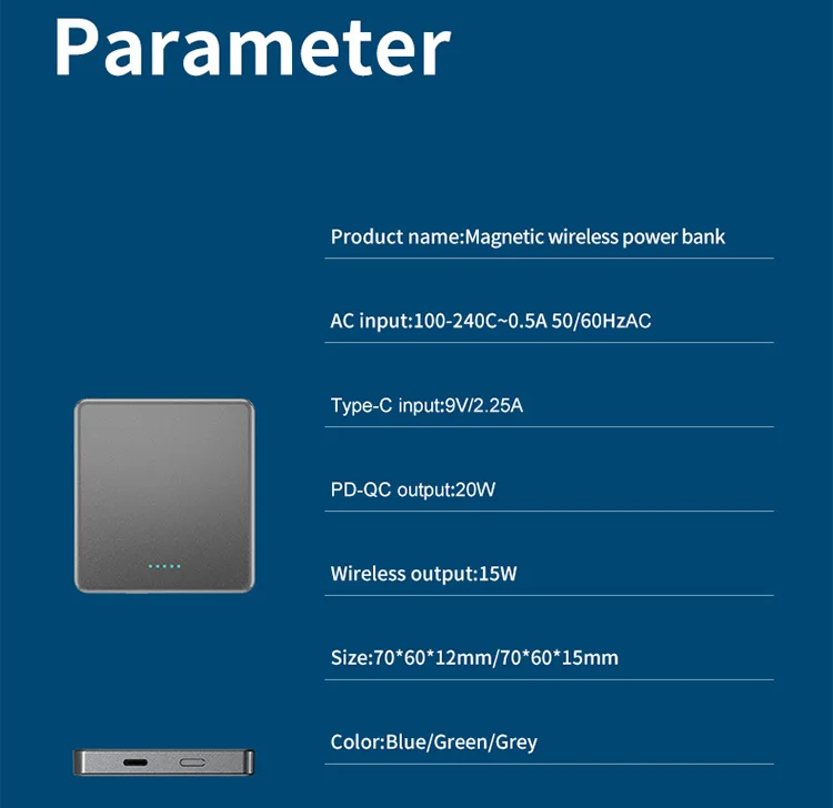 Good quality 10000 mah support type-c 20W PD wired and 15W wireless 2 phones charge sharing mini magnetic power bank