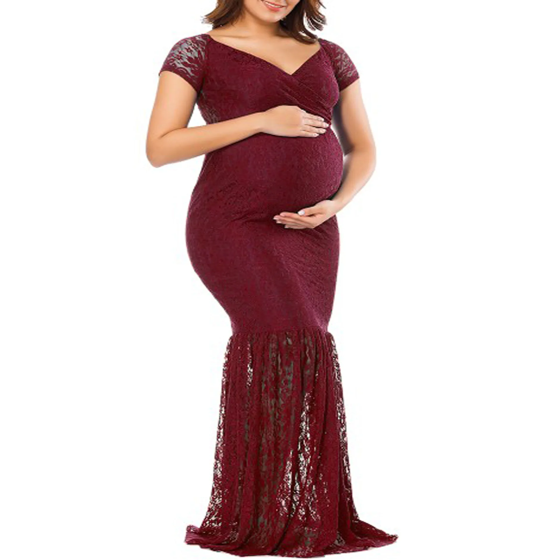 Summer Maternity Dress V Neck Lace 