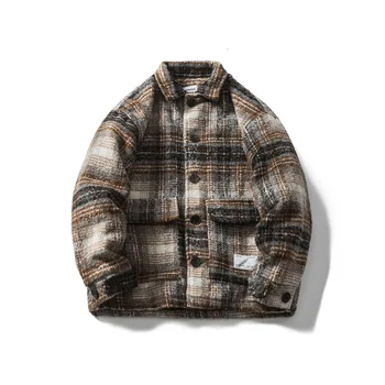 Fashion Mens Flannel Tweed Check Overshirt Jacket Casual Thick Plaid Winter jacket With Two Patch Pockets