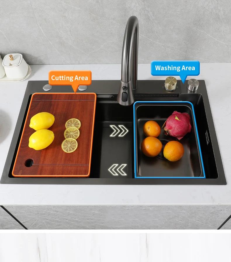 Luxury Kitchen Sinks 304 Stainless Steel China Farmhouse Sink Modern Waterfall Rainfall Single