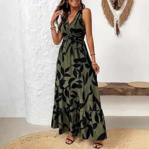 V-neck Sleeveless Women Casual Dresses Floral Print Dress Twist Ruffle Hem Maxi Dress
