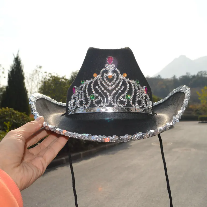 Chapeau De Cowboy Strass Irisés Toyland - Taille Unique 36cm, 3 Couleurs (noir, Rose, Argent) - Pour Festivals, Déguisements, Enterrement Vie De Jeune Fille