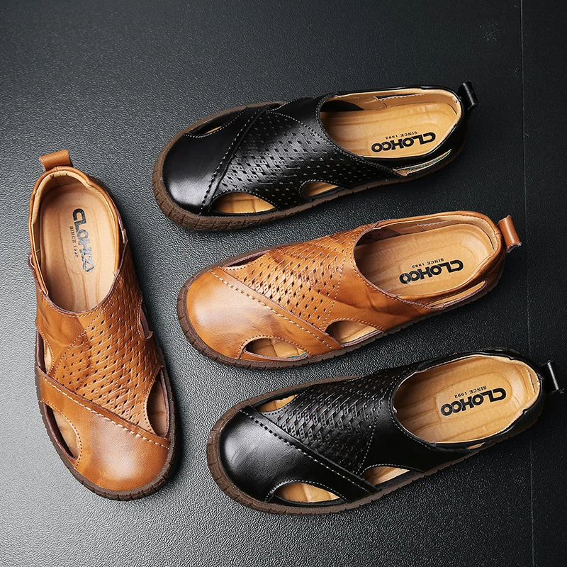 OEM Service Factory Supply Hand Made Microfiber Leather Large Size Summer Beach Sandals For Men