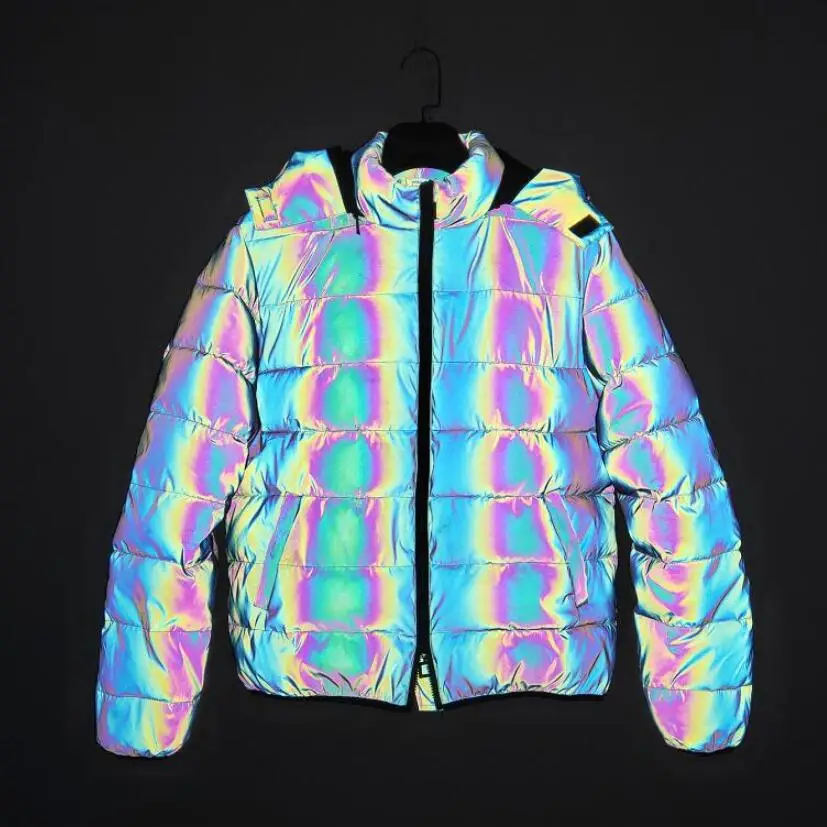 2022 Rainbow Color Reflective Knitted Jacket Men Women Nightclub Hip Hop  Breathable Hooded Jackets And Coats