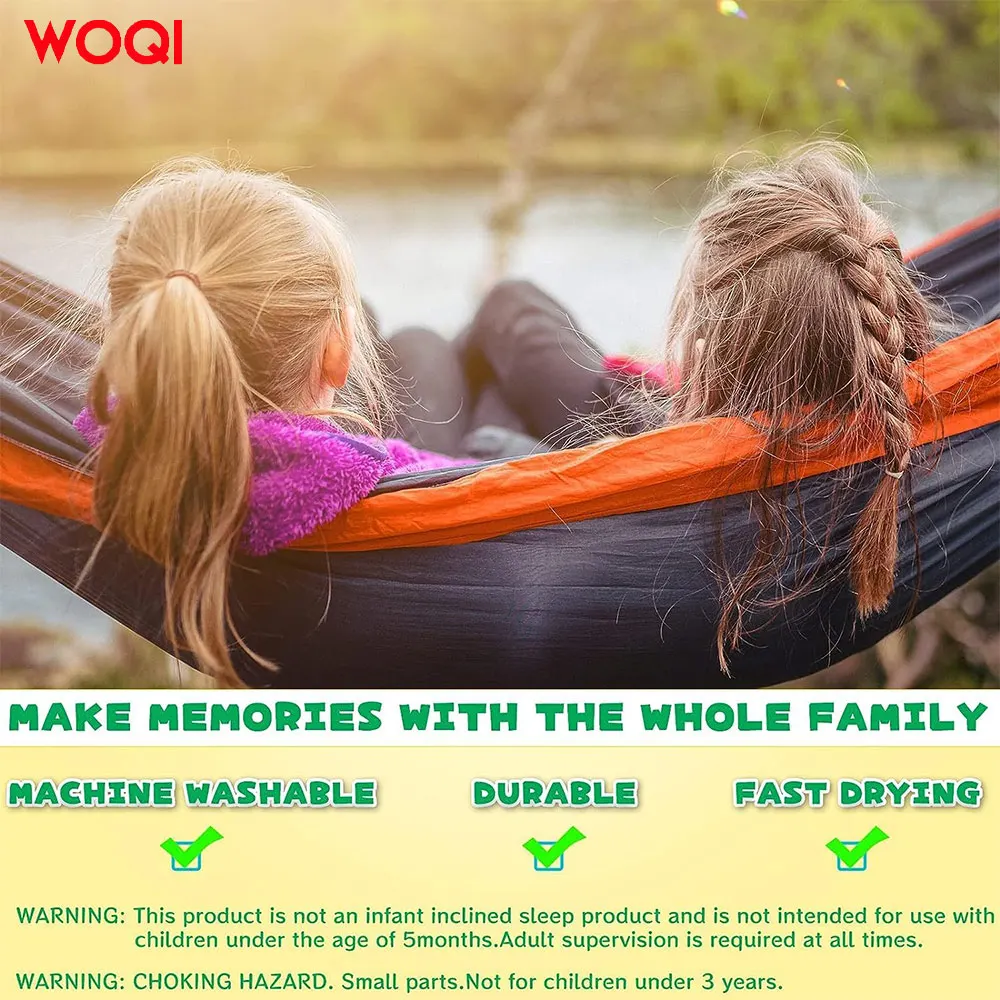 WOQI Single and Double Portable Durable Lightweight Nylon Camping Hammock Suitable for Indoor and Outdoor Use with Tree Straps