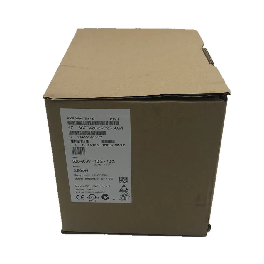 New Original 6SE6420-2AD25-5CA1  inverter for Siemens MICROMASTER 420 series. Rated 5.5kW, 200-240V three-phase input, with stable speed control, overload protection and built-in filter. Applied to fans, pumps, conveyors and general machinery