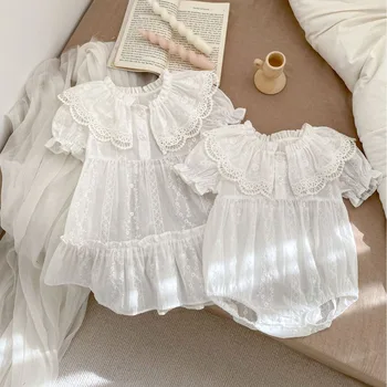 2024 Summer baby girl sisters outfit Western style baby short sleeved romper lace lapel onesie girl dress