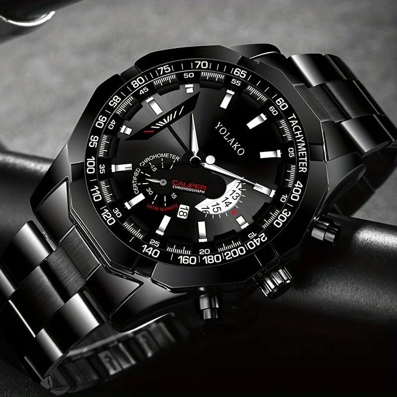 7221 Luxury Man Black Watch Fashion Men's Calendar Casual Stainless Steel  Watches Montre Homme