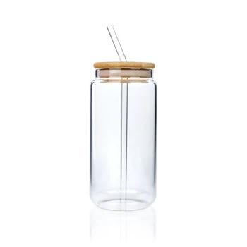 In stock  can shape glass cup with bamboo lid and glass straw for drinking