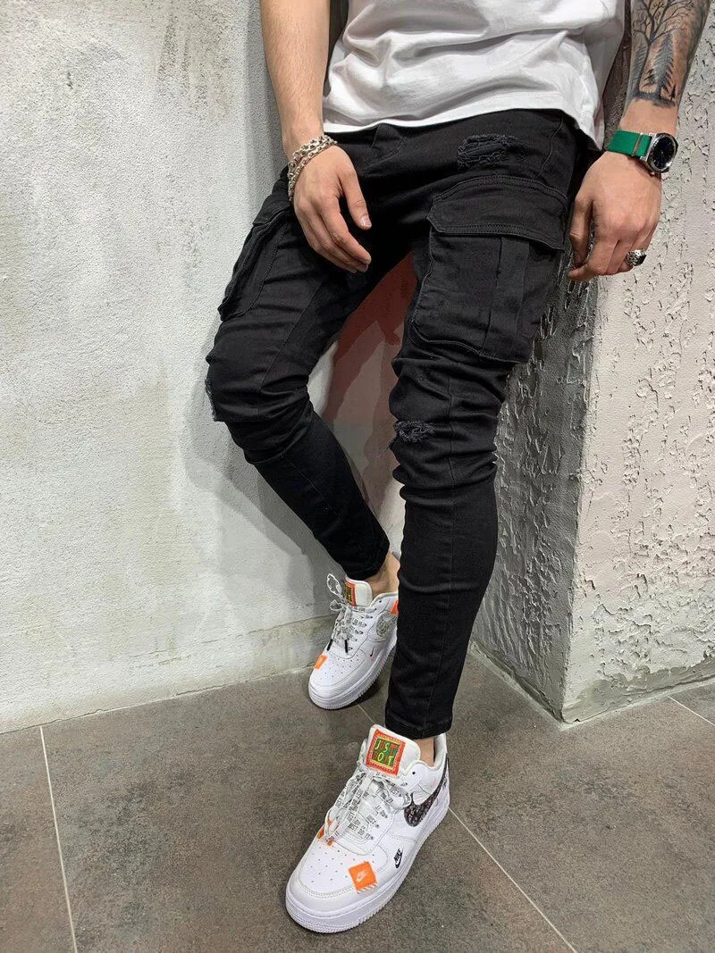 2021 Popular Style Men Multi Pockets Cargo Pants Stretchy Slim Fit Ripped Jeans