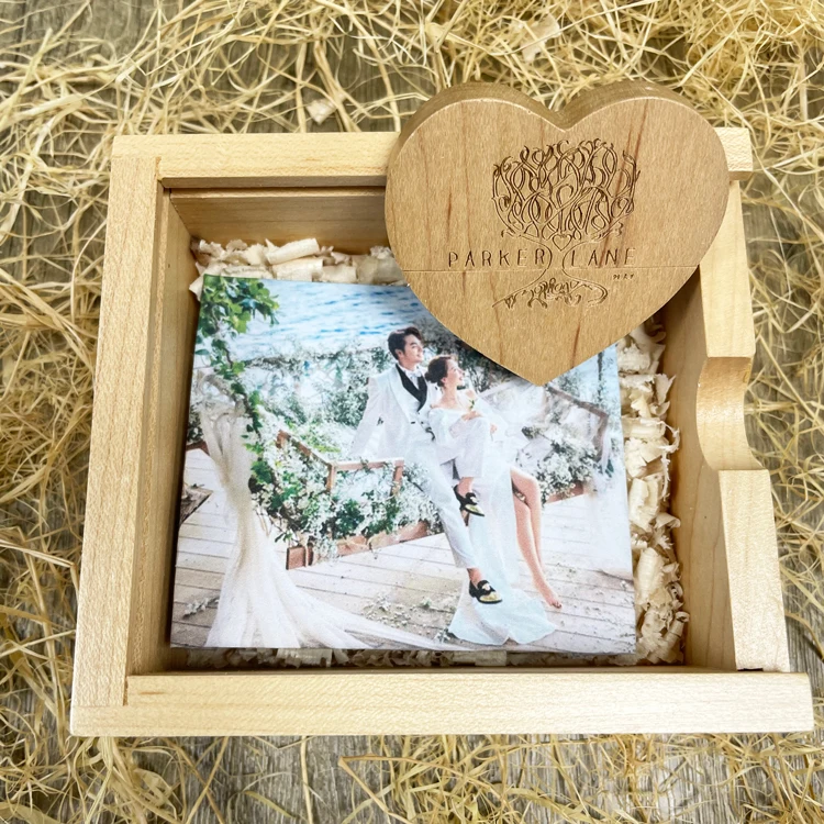 Photography Wedding Gift USB 3.0 Wooden Heart USB Flash Drive Gift Box Pen Drive 4GB 8GB 16GB 32GB 64GB Memory Stick with Logo - ANKUX.COM
