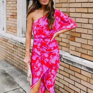 Summer Sexy One Shoulder Split Midi Dress Backless Print Ruched Party Plus Size Dress