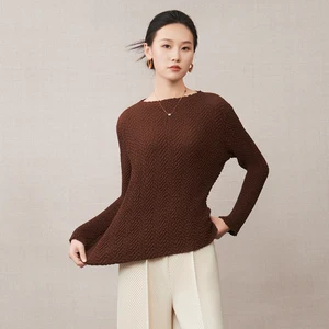 Wholesale Clothing Women's Fashion Tops Design Stretch Solid Color Long-sleeved Casual Tops Miyake Pleated Shirts