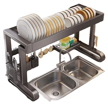 Double-Tier Multifunctional Metal Kitchen Sink Shelf Dishwashing Rack Pool Bowl Plate Storage Gun Ash Countertop Drain Rack