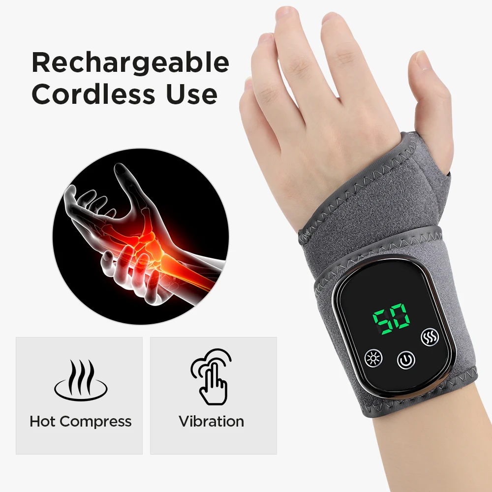 USB Rechargeable Electric Heating Vibration Wrist Wrap Massage Belt Hot Compress Hand Massager
