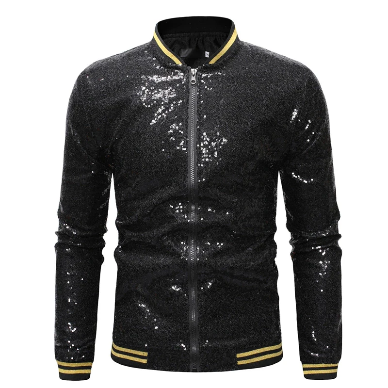  Zip Up Sequin Bomber Jacket (Color : Gold, Size