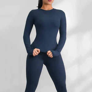 ODM Logo Custom Breathable Slim Fit Tight Women's Sportswear Crew Neck Thumb Hole Yoga Top Wear Clothing Sports