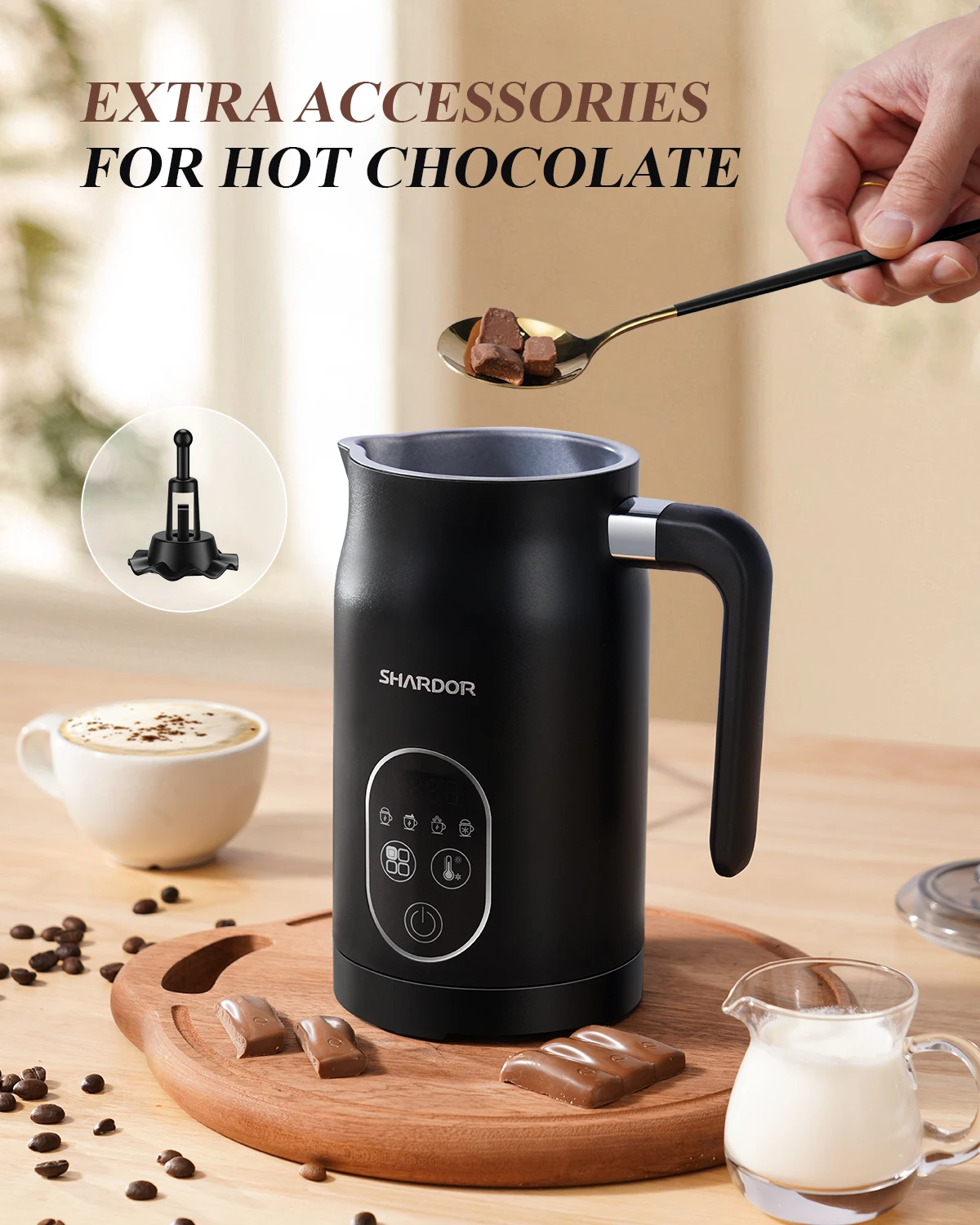 SHARDOR Mousseur à Lait 4 En 1 Électrique - Lait Chaud 300ml, Mousse 150ml, 500W, Intérieur Antiadhésif, Tête Magnétique Pour Cappuccino, Latte, Cacao