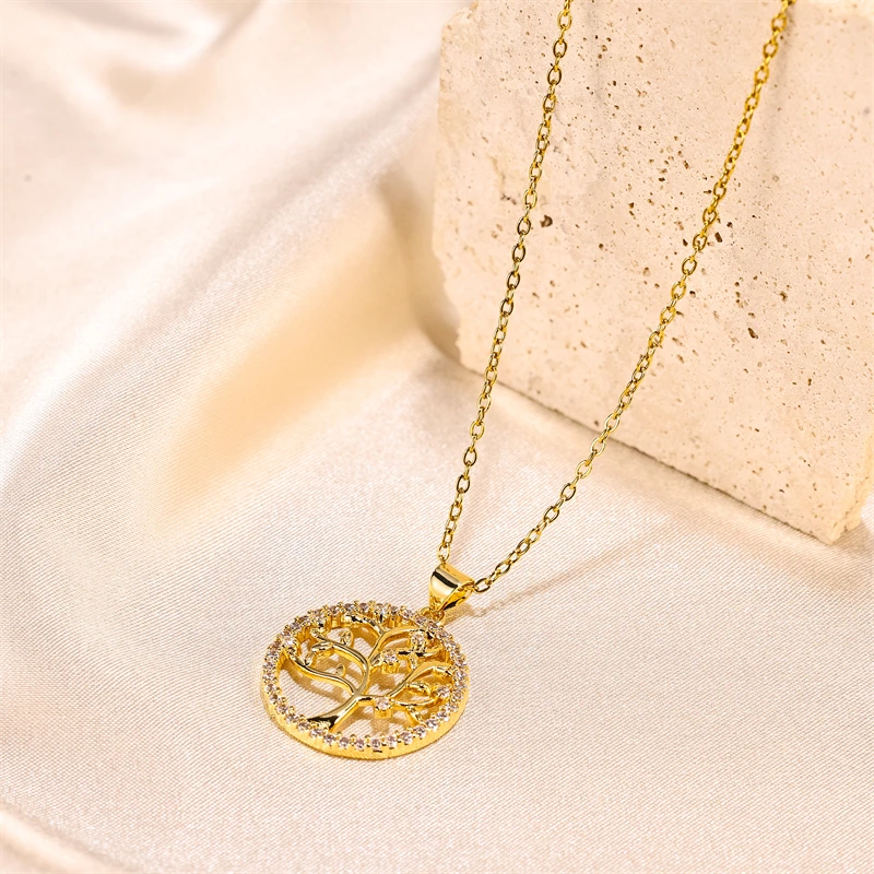 2024 Trending Jewelry 18K Gold Plated Stainless Steel Life Tree Pendant  Necklace for Women Jewelry