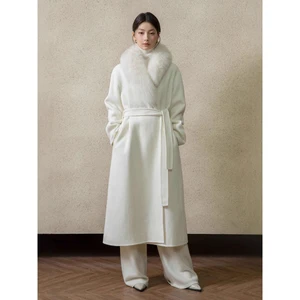 Winter New Detachable fox Fur Collar Long AlpacaSuri Coat Double Sided Handmade Woolen Lace up Coat for Women