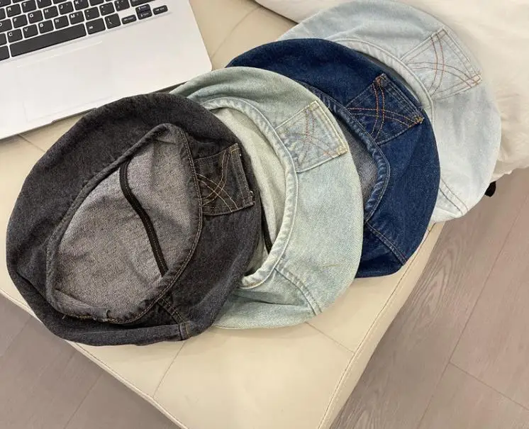 Осенняя винтажная уличная одежда из джинсовой ткани, повседневный складной круглый ковбойский берет на заказ