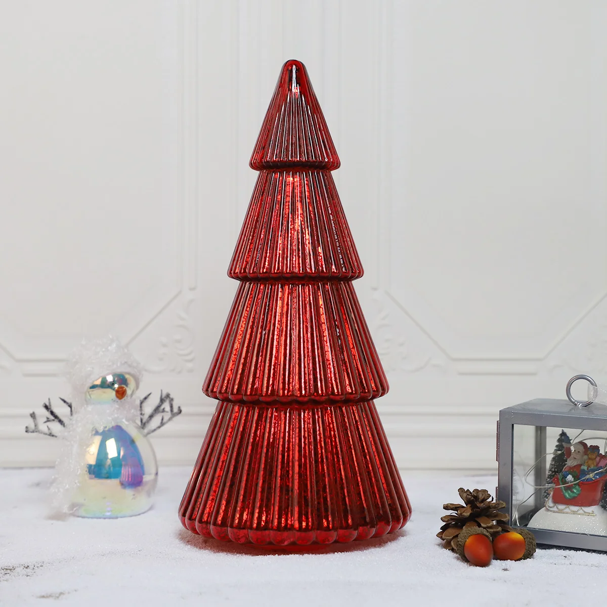 New creative Chinese factory blown Hot selling tabletop pine cone hand blown glass Christmas tree with led lights