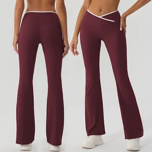 Roregal New Color Blocking Cross Waisted Sports Bell Bottom Pants Running Fitness Quick-dry Lightweight Stretch Yoga Pants